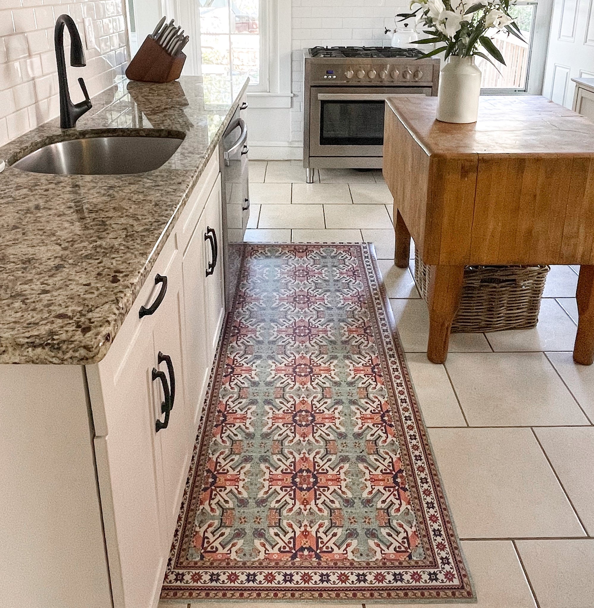 Vinyl Floor Mat With Decorative Tiles Pattern in Blue. Spanish Style Area  Rug, Kitchen Rug, Printed on PVC. Art Mat PVC Rugs. 