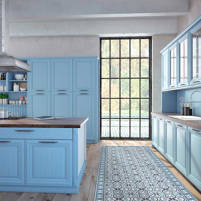 Artistic printed, blue wood, vinyl floor covering, mat for kitchen